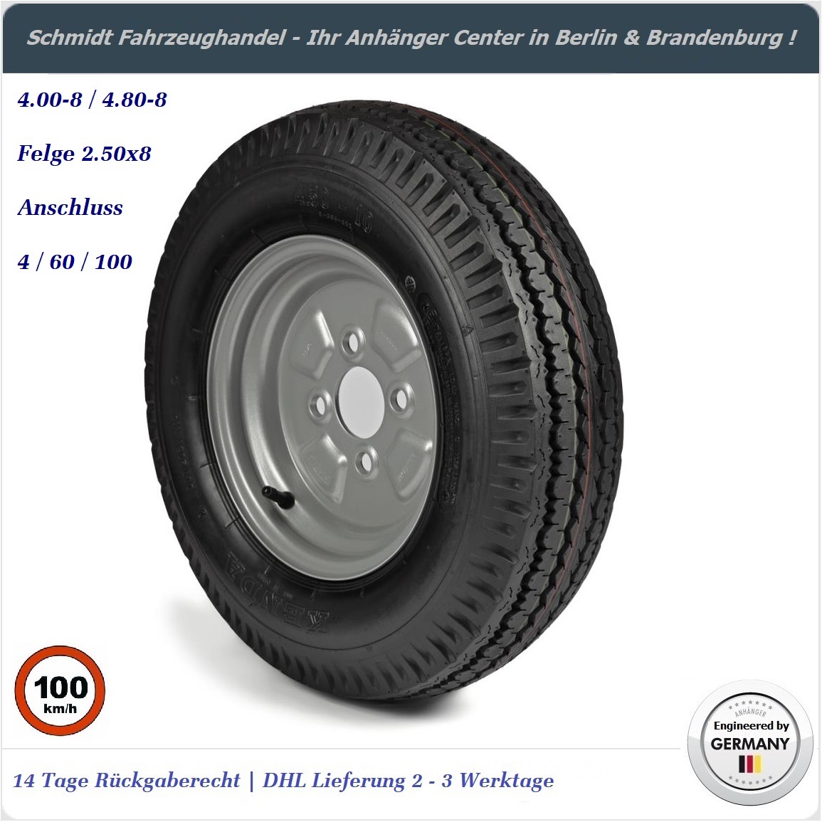 DDR Anhänger Ersatzrad 4.00-8 / 4.80 - 8 6PR 71M auf Felge 2.50x8 4/60/100